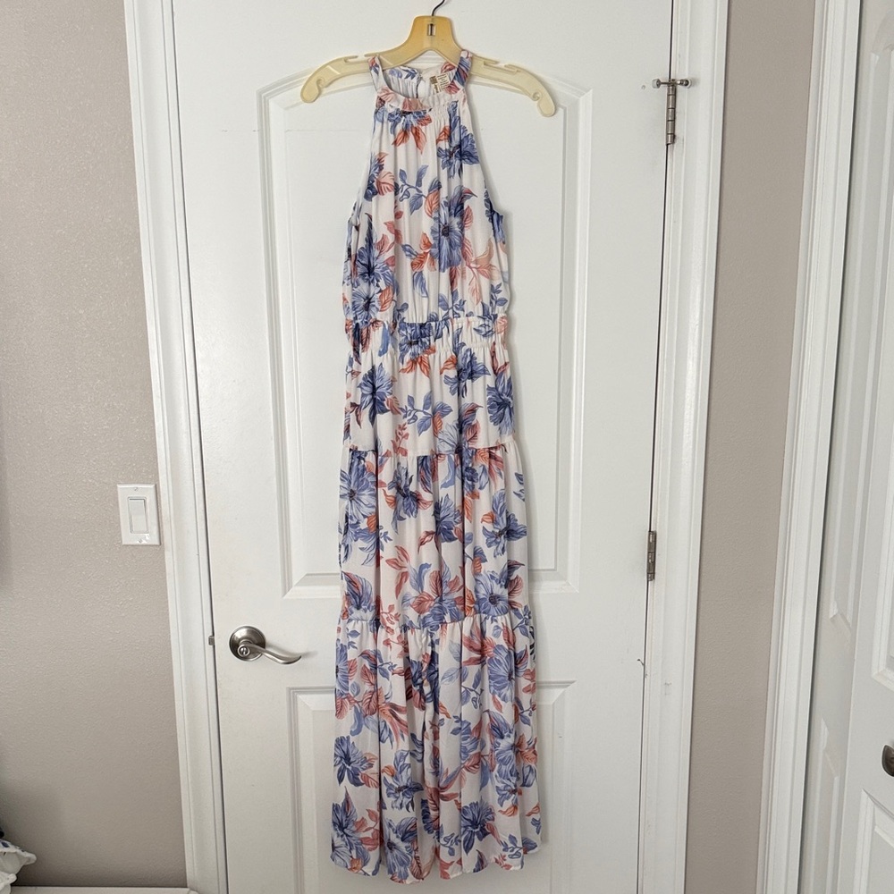 Japna White Maxi Dress with Blue and Coral Floral Print